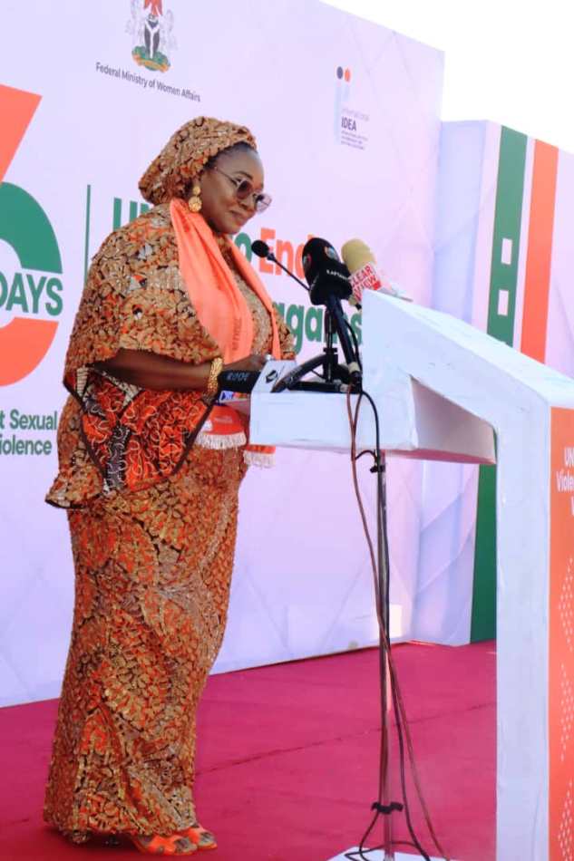 Hajiya Imaan Sulaiman-Ibrahim Honourable Minister of Women Affairs, Hajiya Imaan Sulaiman-Ibrahim, fsi, addressing participants at the Joint National Press Briefing and Flag Off Campaign on Elimination of GBV in the country