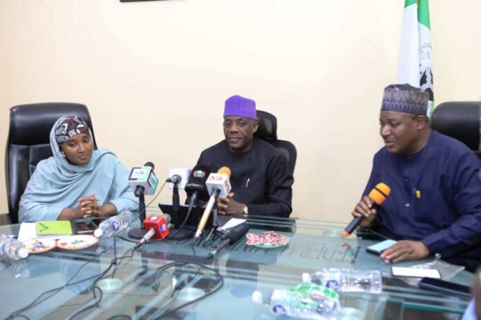 Honoring Our Heroes4 The Honourable Minister of Education addressing the Press in commemoration of Armed forces remembrance day, to( L) the Honourable Minister of State for Education Dr Suwaiba Ahmad and to his (R) the Permanent Secretary of Education Dr Nasir Sani- Gwarzo. Held today 14-11-24 at Ministry Headquarters Abuja.