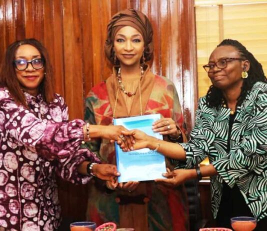 L to R, OUT GOING MINISTER OF FEDERAL MINISTRY, OF TOURISM, LOLA ADE -- JOHN, MINISTER OF FEDERAL MINISTRY OF ART, CULTURE, TOURISM AND CREATIVE ECONOMY, HANNTU. MUSA MUSAWA AND THE PERMANENT SECRETARY OF FEDERAL MINISTRY OF ART, CULTURE, TOURISM AND CREATIVE ECONOMY, IBIENE ROBERTS, sphri, oon
