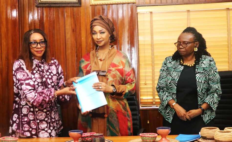 L to R, OUT GOING MINISTER OF FEDERAL MINISTRY, OF TOURISM, LOLA ADE -- JOHN, MINISTER OF FEDERAL MINISTRY OF ART, CULTURE, TOURISM AND CREATIVE ECONOMY, HANNTU. MUSA MUSAWA AND THE PERMANENT SECRETARY OF FEDERAL MINISTRY OF ART, CULTURE, TOURISM AND CREATIVE ECONOMY, IBIENE ROBERTS, sphri, oon