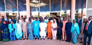 (Left) Honourable Minister of Humanitarian Affairs and Poverty Reduction, Professor Nentawe Goshwe Yilwstda, (middle) Honourable Minister of State, Dr. Yusuf Tanko Sununu, (Right) Permanent Secretary of the Ministry, Abel O. Enitan and Directors, Heads of agencies and Staff of the Ministry during the welcome reception of the two Ministers held on Monday 4th October, 2024 in the Ministry's Headquarters, Federal Secretariat, Abuja.