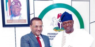 Right, Honourable Minister of Humanitarian Affairs and Poverty Reduction, Prof. Nentawe Goshwe Yilwatda with the Country Representative, United Nations High Commissioner for Refugees, Arjun Jain, during a courtesy visit on the Minister by the delegation of UNHCR, at the Ministry Headquarters, Abuja.