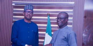 The Chairman, National Sports Commission, Mallam Shehu Dikko (left) with the Chairman, NPFL Club Owners Association, Chief Okey Kpalukwu during a courtesy visit by the association to the Chairman in his office on Thursday, 7th Nov. 2024