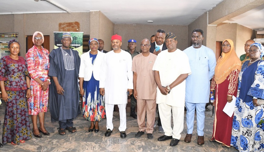 Hon. Minister of Innovation, Science and Technology, Chief Uche Geoffrey Nnaji (5th left) Permanent Secretary of the Ministry, Mrs. Esuabana Nko Asanye (4th left) President, Nutrition Society of Nigeria Prof. Salisu Maiwada Abubakar (3rd left) Senior Project Manager, Grand Challenge Nigeria, Godwin Bamsa (3rd right) Chairman, Nutrition Society of Nigeria FCT, Major Edit Ogheneovo (2nd left) Director, Head and Bio-Medical Sciences Department FMIST, Mr. Adeyemi Adebayo (4th right) and others in a group photograph after the signing of Memorandum of Understanding (MOU) Between the Ministry and Grand Challenge Nigeria (GCNg) today in Abuja.