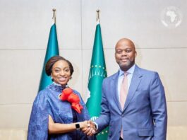 Dr Jumoke Oduwole, MFR Honourable Minister of Trade and Investment (left) with H.E. WAMKELE MENE Secretary-General of the AfCFTA Secretariat, at the 15TH meeting of the AfCFTA Council of Ministers responsible for Trade in ADDIS ABABA, ETHIOPIA 9 NOVEMBER, 2024