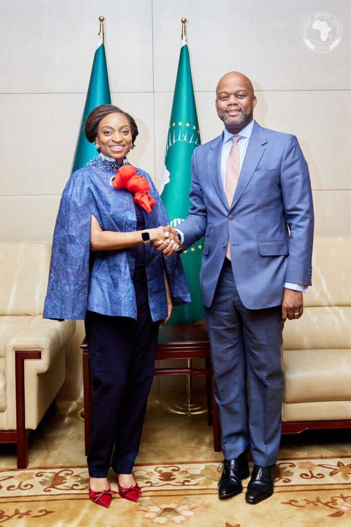 IMG-20241110-WA0046 Dr Jumoke Oduwole, MFR Honourable Minister of Trade and Investment (left) with H.E. WAMKELE MENE Secretary-General of the AfCFTA Secretariat, at the 15TH meeting of the AfCFTA Council of Ministers responsible for Trade in ADDIS ABABA, ETHIOPIA 9 NOVEMBER, 2024