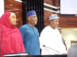 The Honourable Minister of Education Dr Morufu Olatunju Alausa and Dr Suwaiba Ahmad Minister of State for Education Dr Suwaiba Ahmad and the Permanent Secretary of Education Dr Nasir Sani- Gwarzo mni at the Inaugural Press Briefing held in the Ministry headquarters