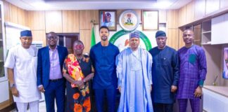 L-R: Special Assistant to the Minister of Information and National Orientation, Mr. Rabiu Ibrahim; General Manager, Northern Operations of Guardian Newspapers, Chuks Nwanne, Acting Permanent Secretary, Federal Ministry of Information and National Orientation, Mrs. Comfort Ajiboye; Chief Executive Officer of Guardian, Mr. Toke Ibru, Minister of Information and National Orientation, Mohammed Idris; Editorial Board Member, Martin Oloja and the Editor of Guardian, Oluwafemi Adekoya during a courtesy visit to the Minister in his office on Thursday