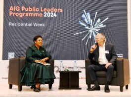 Head of the Civil Service of the Federation, Mrs. Didi Esther Walson-Jack, OON, mni, answering questions from the moderator, Christopher Stone, Programme Co-chair, Blavatnik School during the AIG Public Leaders Programme, held, Tuesday, 19th November, 2024 in Abuja.