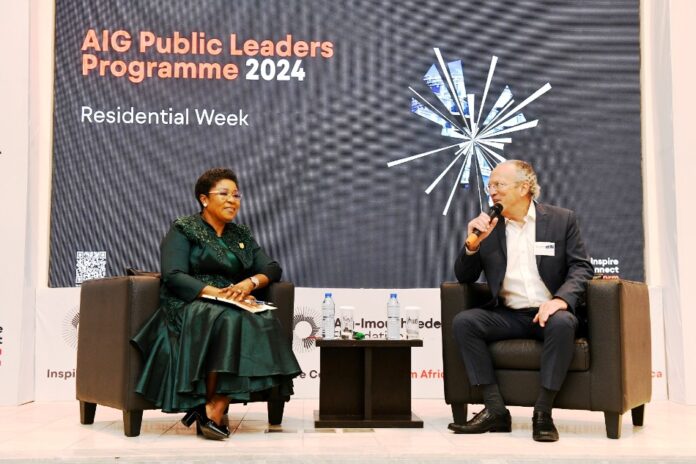 Head of the Civil Service of the Federation, Mrs. Didi Esther Walson-Jack, OON, mni, answering questions from the moderator, Christopher Stone, Programme Co-chair, Blavatnik School during the AIG Public Leaders Programme, held, Tuesday, 19th November, 2024 in Abuja.