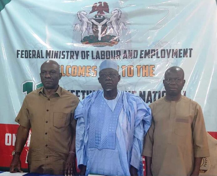 National Employment Council meeting Minister of Labour and Employment, Muhammad Maigari Dingyadi (middle); Director Overseeing the Office of the Permanent Secretary (DOOPS), John Nyamali (left); Director, Employment and Wages, Joseph Akpan (right) at the National Employment Council meeting, Abuja