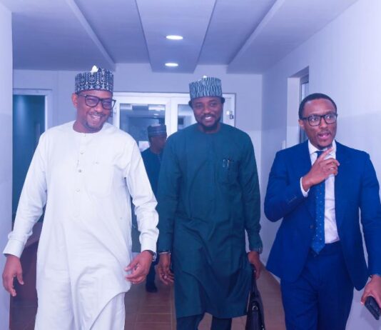 The Chairman National Sports Commission, Mallam Shehu Dikko with the Officials of the Presidential Office of Digital Engagement and Strategy when they paid him a visit at his office at the Moshood Abiola National Stadium, Abuja.