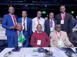 L-R: Inspector General of Police, IGP Olukayode Egbetokun, Vice President Africa (INTERPOL), AIG Umar Garba (RTD), Minister of Police Affairs, Senator Ibrahim Gaidam, Vice President Africa (INTERPOL), AIG Umar Garba (RTD), and others at the 92nd session of the INTERPOL General Assembly taking place from 4 to 8 November 2024 in Glasgow, United Kingdom.