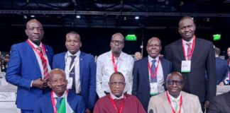 L-R: Inspector General of Police, IGP Olukayode Egbetokun, Vice President Africa (INTERPOL), AIG Umar Garba (RTD), Minister of Police Affairs, Senator Ibrahim Gaidam, Vice President Africa (INTERPOL), AIG Umar Garba (RTD), and others at the 92nd session of the INTERPOL General Assembly taking place from 4 to 8 November 2024 in Glasgow, United Kingdom.