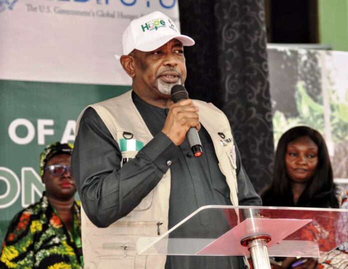Sen Abubakar Kyari The Minister of Agriculture and Food Security, Sen Abubakar Kyari, during the commissioning of the Ultra Modern Fish Hatchery facility in Calabar, Cross River State.
