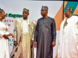 From L-R: The president of the Nigerian Society of Engineers (NSE), Engr. Margaret Aina Oguntala, His Excellency President Bola Ahmed Tinubu GCFR ably represented by the Hon. Minister of Sate, Works, Barr. Bello Muhammad Goronyo, The Executive Governor of Borno State, Babagana Umara Zulum and the Hon. Minister of Agriculture, Abubakar Kyari at the venue of the 2024 international Engineering Conference, Exhibition and AGM Abuja at Abuja Chamber of Commerce.