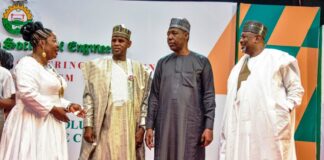 From L-R: The president of the Nigerian Society of Engineers (NSE), Engr. Margaret Aina Oguntala, His Excellency President Bola Ahmed Tinubu GCFR ably represented by the Hon. Minister of Sate, Works, Barr. Bello Muhammad Goronyo, The Executive Governor of Borno State, Babagana Umara Zulum and the Hon. Minister of Agriculture, Abubakar Kyari at the venue of the 2024 international Engineering Conference, Exhibition and AGM Abuja at Abuja Chamber of Commerce.