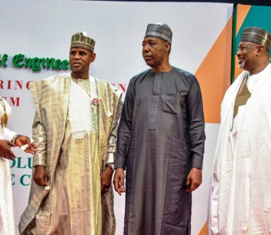 From L-R: The president of the Nigerian Society of Engineers (NSE), Engr. Margaret Aina Oguntala, His Excellency President Bola Ahmed Tinubu GCFR ably represented by the Hon. Minister of Sate, Works, Barr. Bello Muhammad Goronyo, The Executive Governor of Borno State, Babagana Umara Zulum and the Hon. Minister of Agriculture, Abubakar Kyari at the venue of the 2024 international Engineering Conference, Exhibition and AGM Abuja at Abuja Chamber of Commerce.