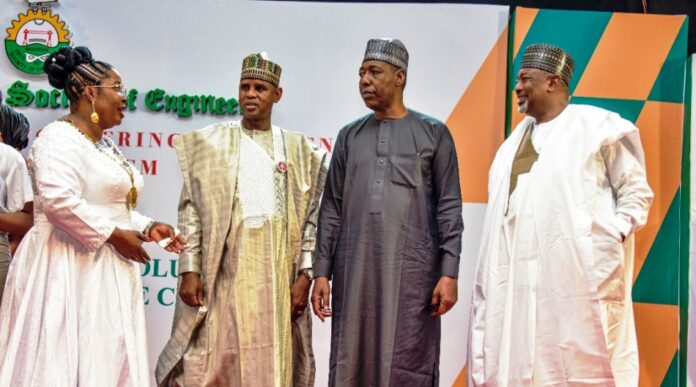 Tinubu Charges NSE1 From L-R: The president of the Nigerian Society of Engineers (NSE), Engr. Margaret Aina Oguntala, His Excellency President Bola Ahmed Tinubu GCFR ably represented by the Hon. Minister of Sate, Works, Barr. Bello Muhammad Goronyo, The Executive Governor of Borno State, Babagana Umara Zulum and the Hon. Minister of Agriculture, Abubakar Kyari at the venue of the 2024 international Engineering Conference, Exhibition and AGM Abuja at Abuja Chamber of Commerce.