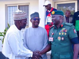 Chairman, National Sports Commission, Mallam Shehu Dikko (middle) flanked to his left by the Chief of Defence Staff, General Christopher Gwabin Musa and to his right by Alhaji Salihu Abubakar during the CDS visit to the Chairman in his office on Wednesday, 23th Nov. 2024.