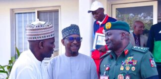 Chairman, National Sports Commission, Mallam Shehu Dikko (middle) flanked to his left by the Chief of Defence Staff, General Christopher Gwabin Musa and to his right by Alhaji Salihu Abubakar during the CDS visit to the Chairman in his office on Wednesday, 23th Nov. 2024.