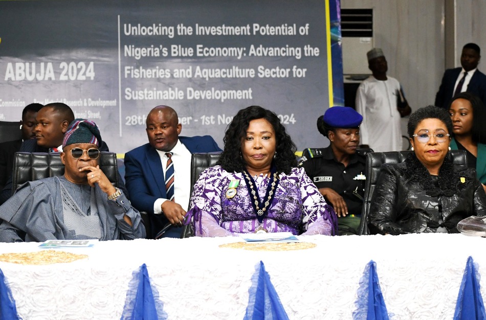 R-L: The Head of the Civil Service of the Federation, Mrs Didi Esther Walson-Jack, OON, mni; the National President of FISON, Dr. Ansa Ebinimi, Ffs, and the Minister of Marine and Blue Economy, His Excellency, Adegboyega Oyetola, CON, at the Opening Ceremony of the 39th Annual Conference of Fisheries Society of Nigeria, in Abuja.