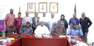 L-R seated: Registrar, Nigeria Police Academy, Dr. Ekpere F. Ezengwu; Representative of Chairman (Police Service Commission). Ponfa Audu Wuyep; Minister of Police Affairs, Ibrahim Gaidam; Director Overseeing (Permanent Secretary Office), Mr. Yusuf Abubakar Argungu; Commissioner of Police, CP Bode Akinbamilowo; (StandingL-R) Deputy Director (Information & Public Relations), Bolaji O. Kazeem; Yusuf Nasidi (PSC); Director Reforms and Innovation Coordinator, Dr. Ogbu F. Fabian; Director Police Services Department, Ibrahim Muhammad; Senior Special Assistance (HM), Goni Kuwata; Director Legal Services, Fati Lamorde; Director Finance & Account, Okehie Isaac Tochukwu and CSP Ossai during the inauguration of an 11-man committee to review the dismissal and suspension of Cadets of the Nigeria Police Academy held at the Headquarters of the Ministry in Abuja