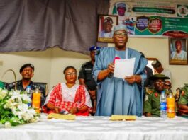 L-R: Corps Commandant Olusegun Omolale Ojo; Commissioner of Police CP Victor Olaiya; Commissioner for Social Development Hon. Olaitan Abosede Buraimoh; Kwara State Governor AbdulRahman AbdulRazaq; Chairman Nigeria Legion Kwara State Chapter Retd. Major Gen Abdulkadir Anigiobi; and Commander 22 Armoured Brigade, Brigadier General Oluwafemi Williams; during the launching of the Armed Forces Remembrance Day emblem for 2025, in Ilorin, on Tuesday.