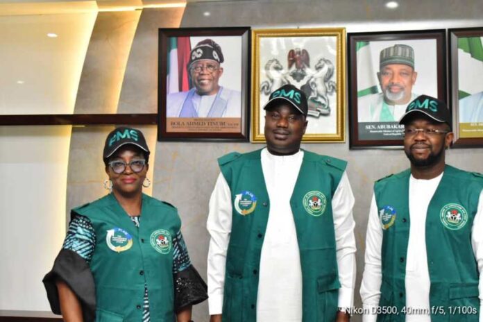 Abdullahi Launches PMS 1 L-R, the Director, Human Resources Management Services,Mrs Moduape Adedayo,Minister of State for Agriculture and Food Security, Sen.Dr Aliyu Sabi Abdullahi and Permanent Secretary, Mr Temitope Fashedemi, during the launching of PMS Day in Abuja.