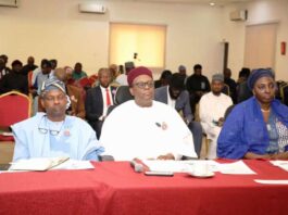 @ 9th Meeting of the Oversight Ministerial Committee on BHCPF: Middle:Chairman BHCPF meeting and Coordinating Minister for Health & Social Welfare Prof. Muhammad Ali Pate; Left: Dr. Iziaq Adekunle Salako Honourable Minister of State for Health & Social Welfare & Permanent Secretary Daju Kachollom mni.