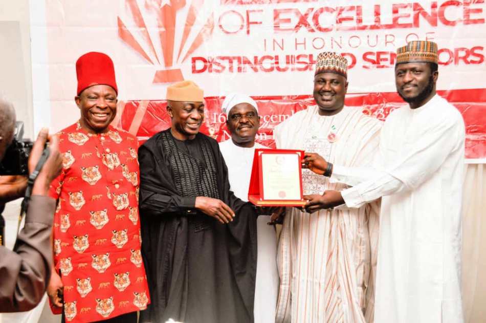 At the award ceremony, (l-r): Senator Victor Umeh; Sen. Yemi Adaramodu, current Senate Spokesman; James Itodo, Chairman, Senate Press Corps; Hon. Minister of State for Agriculture and Food Security, Sen. Dr. Aliyu Sabi Abdullahi; and House of Representatives Member, Hon. Adamu Tanko Lokoja, of Suleja Tafa and Gurara Federal Constituency.