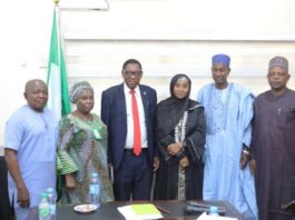 The Honourable Minister of State for Education, Dr. Suwaiba Said Ahmad, flanked by Professor Lawrence Femi Ademiluyi (President, ABEN), Prof. Chika Ile (Past President, ABEN), Dr. Christy Enang (Treasurer, ABEN), Professor Titus Umoru (Past President, ABEN), and Dr. S.O. Wagbara (Public Relations Officer, ABEN), during a meeting with the Association of Business Educators of Nigeria (ABEN) at the Federal Ministry of Education Headquarters, Abuja on 2nd of December 2024