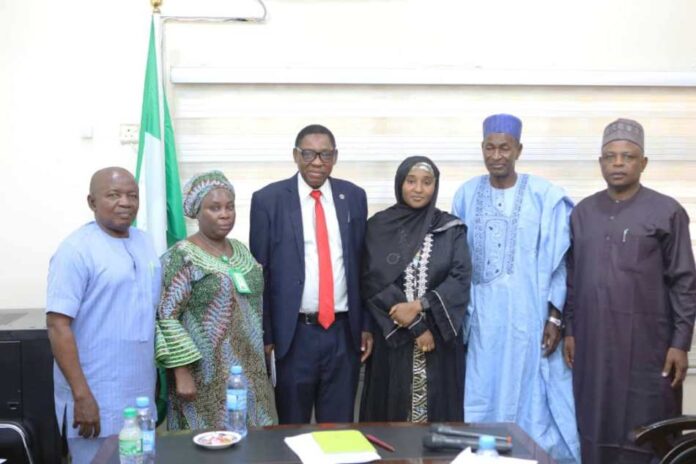 Association of Business Educators of Nigeria (ABEN) The Honourable Minister of State for Education, Dr. Suwaiba Said Ahmad, flanked by Professor Lawrence Femi Ademiluyi (President, ABEN), Prof. Chika Ile (Past President, ABEN), Dr. Christy Enang (Treasurer, ABEN), Professor Titus Umoru (Past President, ABEN), and Dr. S.O. Wagbara (Public Relations Officer, ABEN), during a meeting with the Association of Business Educators of Nigeria (ABEN) at the Federal Ministry of Education Headquarters, Abuja on 2nd of December 2024