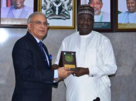 L-R, the High Commissioner of Pakistan to Nigeria, Major General Sohali Ahmad Khan (rtd) and Minister of State for Agriculture and Food Security, Sen.Dr Aliyu Sabi Abdullahi, during the courtesy visit in Abuja.