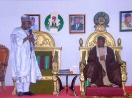 Left, Honourable Minister of State Humanitarian Affairs and Poverty Reduction, Hon. Dr Yusuf Tanko Sununu and His Majesty, GBONG Gwom Jos and Chairman Plateau State Council of Chiefs and Emirs, Da Dr Jacob Gyang Buba (CFR), during the courtesy visit by the Minister on Tuesday 3rd December 2024 at the palace of His Majesty in Jos, Plateau State.