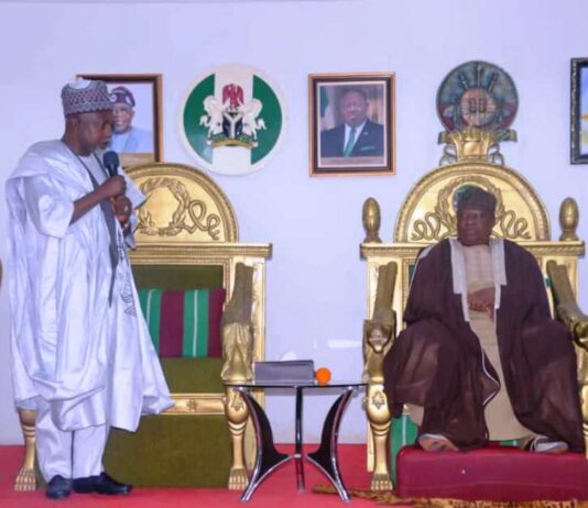 Left, Honourable Minister of State Humanitarian Affairs and Poverty Reduction, Hon. Dr Yusuf Tanko Sununu and His Majesty, GBONG Gwom Jos and Chairman Plateau State Council of Chiefs and Emirs, Da Dr Jacob Gyang Buba (CFR), during the courtesy visit by the Minister on Tuesday 3rd December 2024 at the palace of His Majesty in Jos, Plateau State.