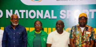 L-R The Executive Secretary, Local organizing committee, Dr. Kweku Tandor; The Secretary Main Organizing Committee(MOC), Mrs. Thecla Opara; The Director General National Sports Commission & Chairman MOC, Hon Adebukola Olapade and the Commissioner Ministry of Youth and Sports Development Ogun State, Hon Wasiu Isiaka during the Ist Joint Technical Committee meeting on 22nd National Sports Festival Ogun State