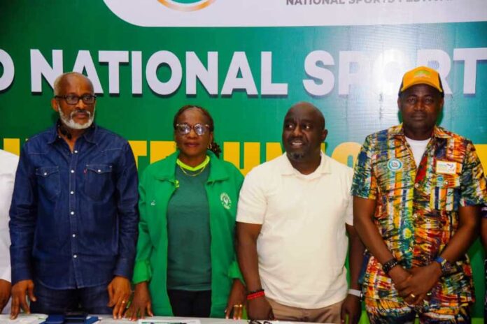National Sports Festival 1 L-R The Executive Secretary, Local organizing committee, Dr. Kweku Tandor; The Secretary Main Organizing Committee(MOC), Mrs. Thecla Opara; The Director General National Sports Commission & Chairman MOC, Hon Adebukola Olapade and the Commissioner Ministry of Youth and Sports Development Ogun State, Hon Wasiu Isiaka during the Ist Joint Technical Committee meeting on 22nd National Sports Festival Ogun State