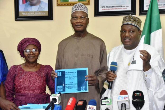 New Trades2 Hon. Minister of Education, Prof. Tahir Mamman OON,SAN (middle); Permanent Secretary, Federal Ministry of Education, Dr Nasir Sani-Gwarzo,mni,NPOM,FWACP (right); Acting Executive Secretary, Nigerian Education Research & Development Council, NERDC, Dr Margaret Lawani (left); during a meeting of stakeholders in the Education sector on the implementation of the new education curriculum in Abuja on Monday 14th October, 2024.