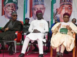 L-R: His Excellency, the Governor of Borno State, Prof. Babagana Umara Zulum, Honourable Minister, Federal Ministry of Youth Development, Comrade Ayodele Olawande and the Permanent Secretary of Ministry of Youth Development, Olubunmi Olusanya, at the Closing ceremony of the National Council on Youth Development, held in Maiduguri, Borno State.