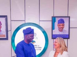 Left, Honourable Minister of Humanitarian Affairs and Poverty Reduction Prof Nentawe Goshwe Yilwatda and the leader of the RABAT PROCESS SECRETARIAT during their courtesy visit to the Minister in his office Friday 6th December 2024 in Abuja