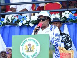 The Representative of the Head of the Civil Service of the Federation, Dr Magdalene Ajani, reading her address at the Opening Ceremony of the 43rd Edition of FEPSGA, in Port-Harcourt.