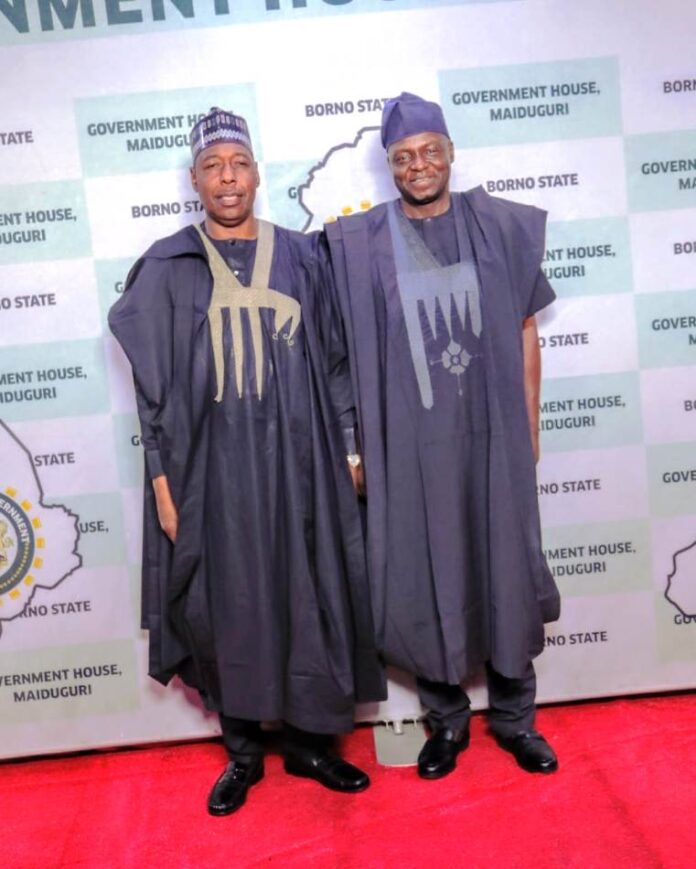 Renewed Hope Agric Empowerment Project05 Right, Honourable Minister Humanitarian Affairs and Poverty Reduction Prof Nentawe Goshwe Yilwatda and the Executive Governor Borno State His Excellency Prof Babagana Umara Zulum, during the courtesy visit to the Governor at Government House Maiduguri.