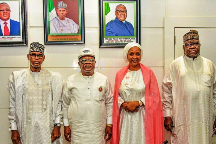 Umahi Receives Hadiza Bala1 L-R; Group Photograph of the Hon. Minister of State, Federal Ministry of Works Muhammad Bello Goronyo Esq, Hon. Minister of Federal Ministry of works, Sen. Engr. Nweze David Umahi, CON, FNSE, the Special Adviser to the President on Policy and Coordination, Hadiza Bala-Usman and the Permanent Secretary of the Ministry of works, Yakubu Adam Kofamata, PhD, in a group photograph during monitoring visit on first and second quarter performances of the Ministry 6th Dec. 2024 in Abuja.