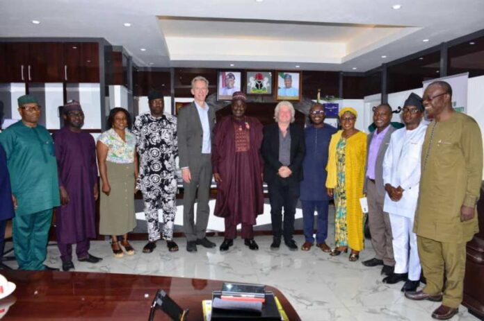 couresty visit The Minister of State for Agriculture and Food Security, Sen.Dr Aliyu Sabi Abdullahi (C), Deputy Director General, IITA,Dr. Bernard Vanlauwe and officials of the Ministry during courtesy visit.