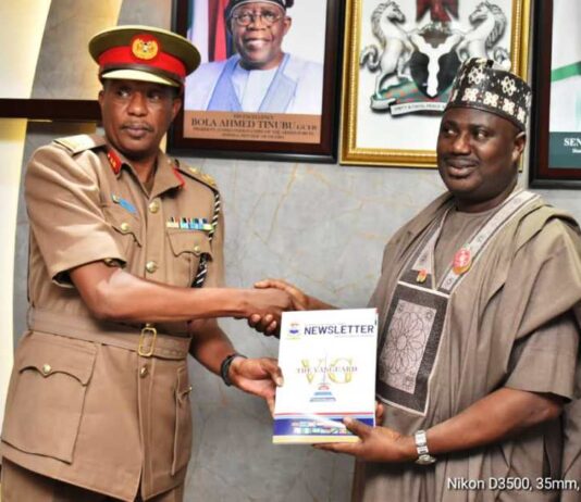 L-R, Major General Stephen Mutuku (Rtd)and Minister of State for Agriculture and Food Security, Sen.Dr Aliyu Sabi Abdullahi, during the courtesy visit in Abuja.