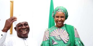 The Honourable Minister, Special Duties and Inter-governmental Affairs, Zaphaniah Bitrus Jisalo and the Special Adviser to the President on Policy and Coordination/Head, Central Results Delivery and Coordination Unit (CRDCU), Hadiza Bala-Usman after the courtesy visit.