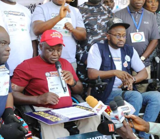 (L-R) Donald Unanka, Hon. Ayuba Gufwan, and Hon. Mohammed Abba Isa, SSA to the President on Special Needs and Equal Opportunities during the press briefing at the Unity Fountain after the rally.
