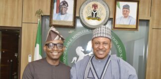 L-R: Director-General, Bureau of Public Procurement, BPP, Dr. Adebowale A. Adedokun, MCIPS in a warm handshake with the Hon. Minister, Federal Ministry of Information and National Orientation, Mr. Mohammed Idris during the DGs working visit to his office