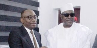 L-R: Director-General, Bureau of Public Procurement, BPP, Dr. Adebowale A. Adedokun, MCIPS presenting a souvenir to the Chairman. National Drug Law Enforcement Agency, NDLEA, Brig-General, Buba Marwa, Rtd during the NDLEA visit to BPP